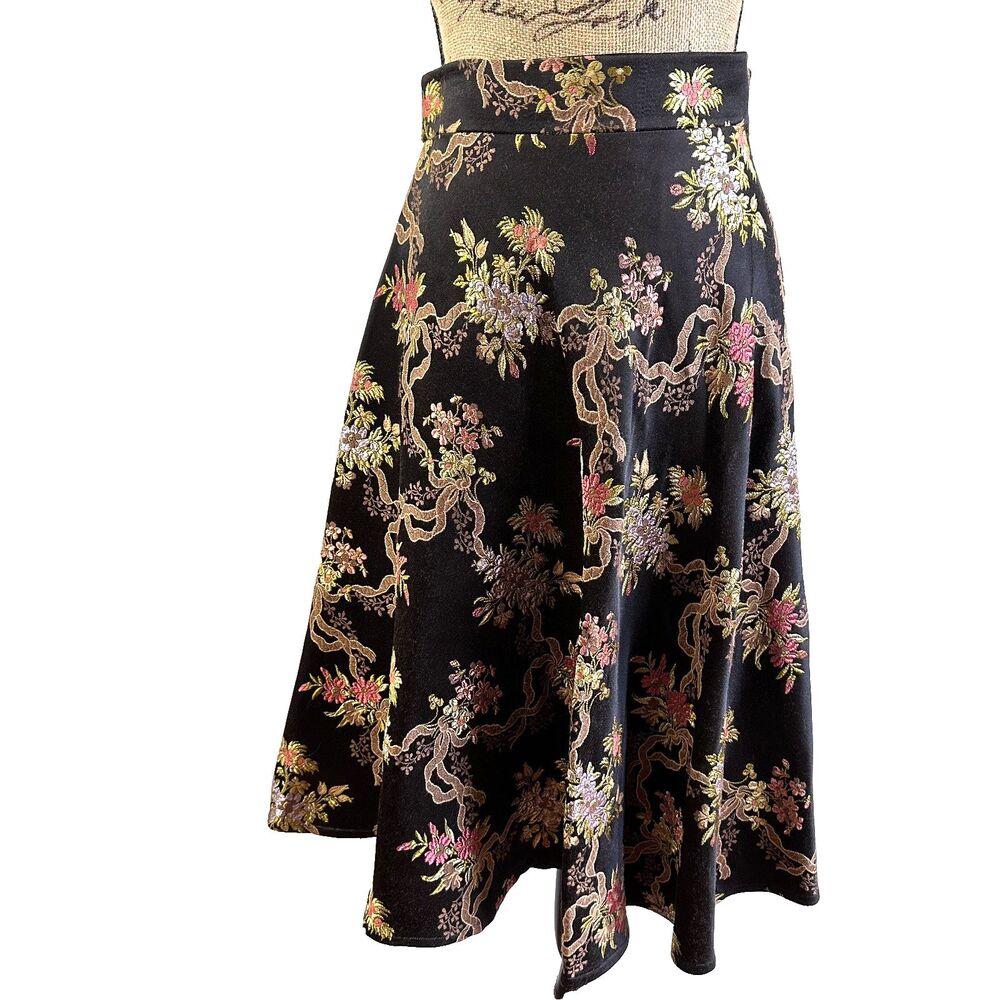 Petrovitch & Robinson Black Floral Brocade A-line High Waist Midi Skirt Sz M